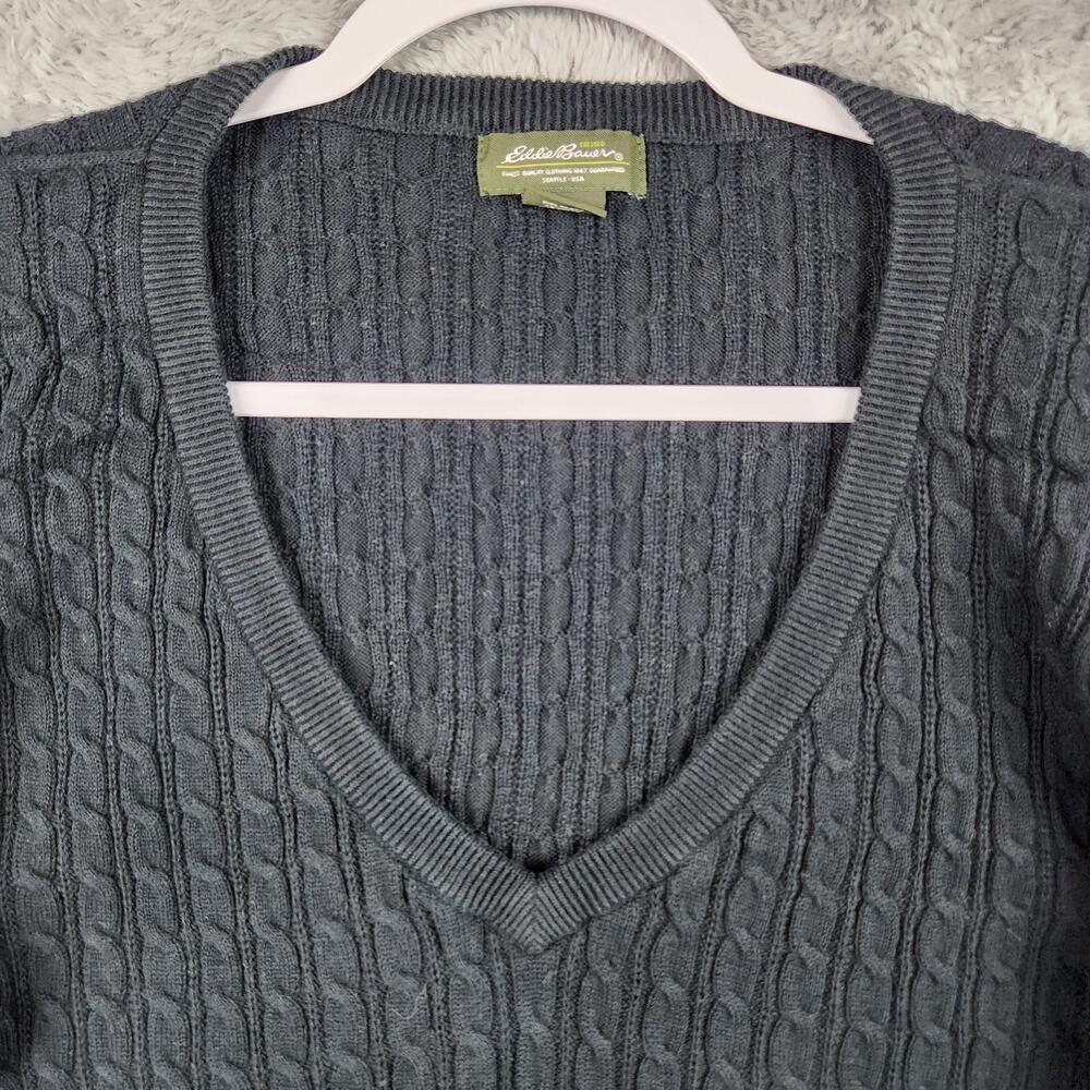 Eddie Bauer Sweater Womens XL Gray V Neck Cable Knit Pullover Cottage Boho Gorp